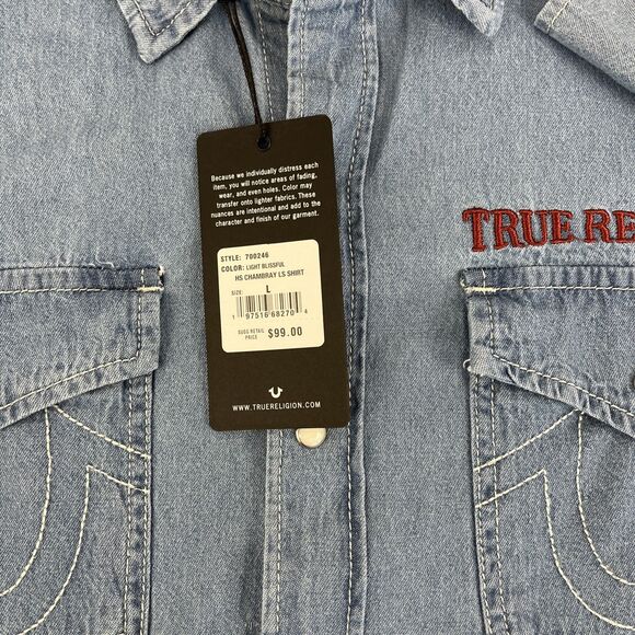 New True Religion Men's Sz Large Chambray Western Pearl Snap Shirt Blue NWT $99 - Picture 2 of 7